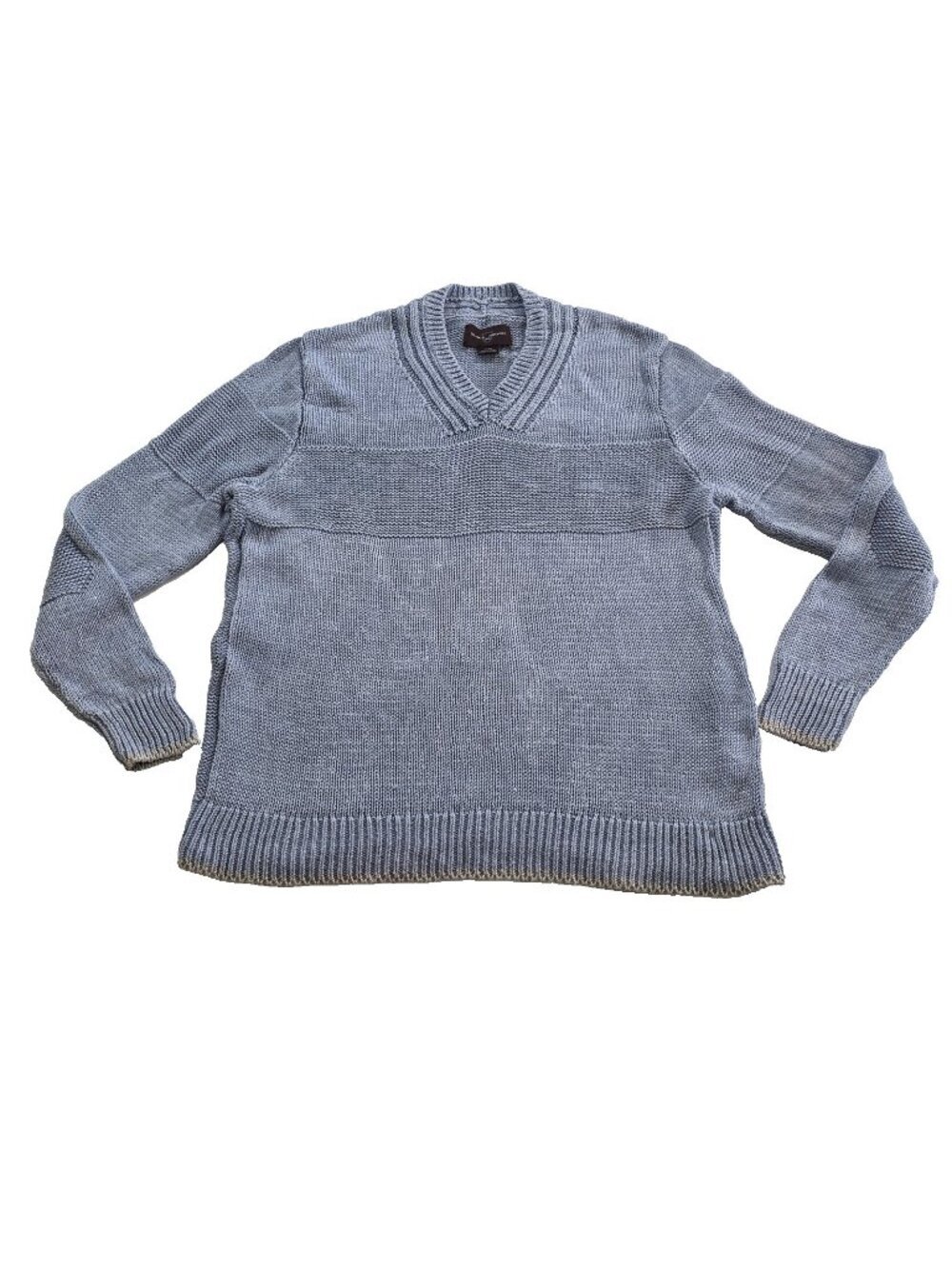 ​Black Brown 1826 Linen Sweater Mens XL Blue Open Knit V Neck Elbow Patches FLAW